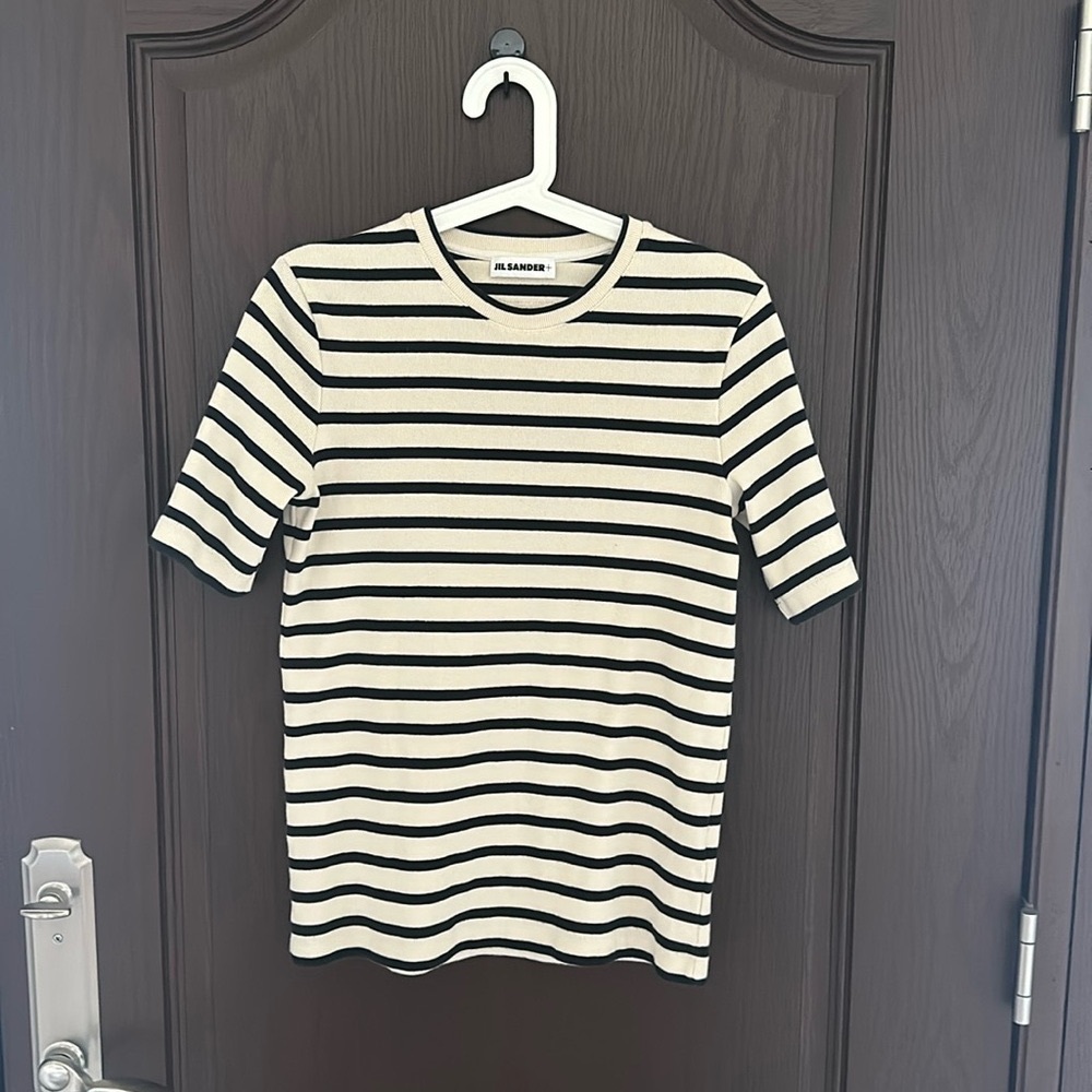 Jil Sander Striped Knit Beige Black Striped Cotton Thick T-Shirt Size L Luxury